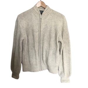 Vintage Cream Wool Knit Zip-Up Cardigan Sweater Medium